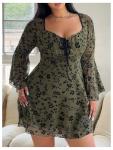 Plus Size Floral Gothic A-Line Dress Army Green