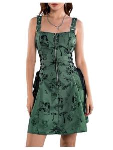Gothic Skull Print Bodycon Mini Dress - Green