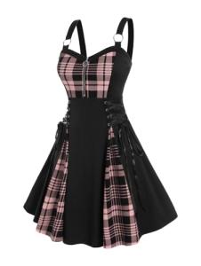 Gothic Lace Up Plaid Fit & Flare Dress