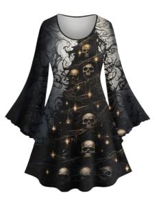 Plus Size Gothic Glitter Skulls A-Line Dress