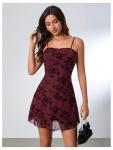 Burgundy Floral Spaghetti Strap Mini Dress