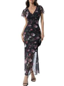 Vintage Floral Mesh Midi Dress with V Neck
