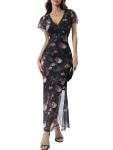 Vintage Floral Mesh Midi Dress with V Neck