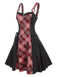 Deep Red Vintage Plaid Corset Style Sundress