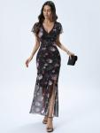 Vintage Floral Mesh Midi Dress with V Neck