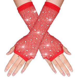 Red Rhinestone Fishnet Fingerless Gloves for Costumes