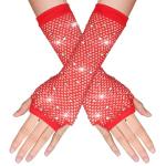 Red Rhinestone Fishnet Fingerless Gloves for Costumes