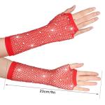 Red Rhinestone Fishnet Fingerless Gloves for Costumes