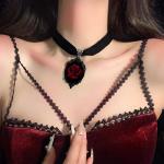 Dark Red Rose Black Velvet Choker Necklace