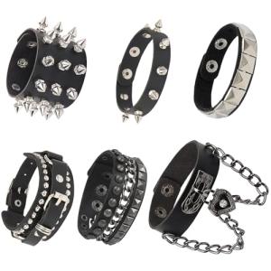 6Pcs Vintage Punk Goth PU Leather Spike Bracelets