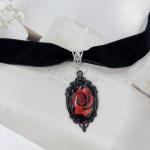 Dark Red Rose Black Velvet Choker Necklace