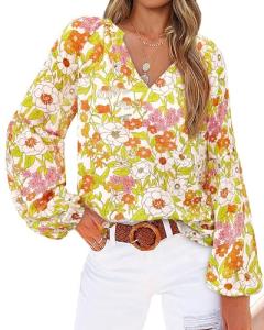 Boho Floral Blouse: V-Neck, Long Puff Sleeves