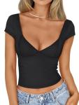 Vintage Black Deep V-Neck Crop Top - Y2K Style