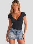 Vintage Black Deep V-Neck Crop Top - Y2K Style