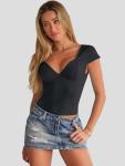Vintage Black Deep V-Neck Crop Top - Y2K Style