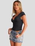 Vintage Black Deep V-Neck Crop Top - Y2K Style