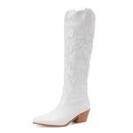 Women's Vintage White Embroidered Knee High Cowboy Boots