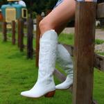 Women's Vintage White Embroidered Knee High Cowboy Boots
