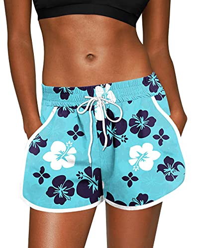 Women's Navy Floral Elastic Waistband Boardshorts - M
