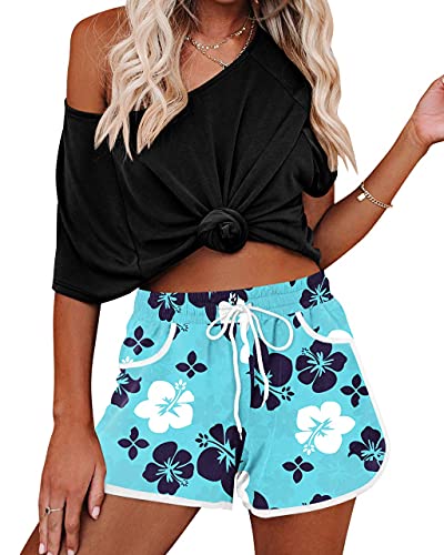 Women's Navy Floral Elastic Waistband Boardshorts - M