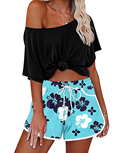 Women's Navy Floral Elastic Waistband Boardshorts - M