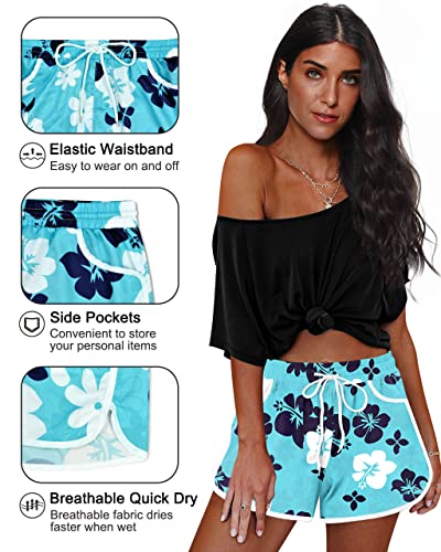 Women's Navy Floral Elastic Waistband Boardshorts - M