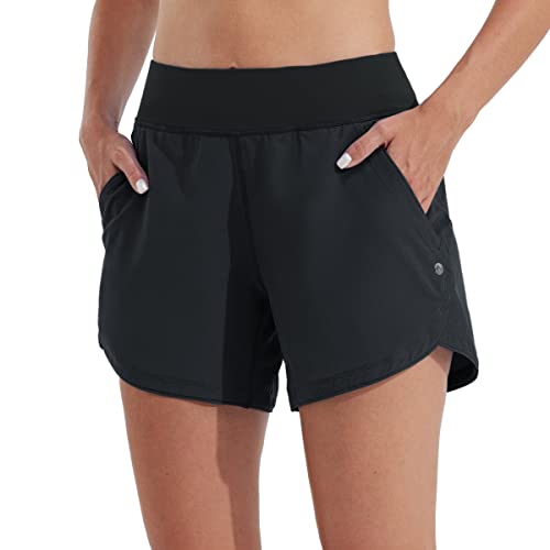 Women's High Waisted Swim Shorts with Pockets - Black Size 12