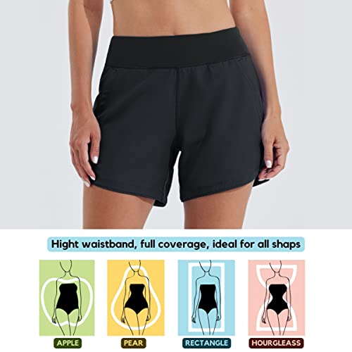 Women's High Waisted Swim Shorts with Pockets - Black Size 12
