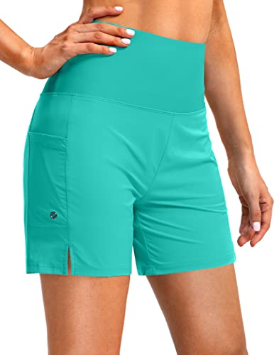 Women's 5" High Waisted Swim Board Shorts with Phone Pockets