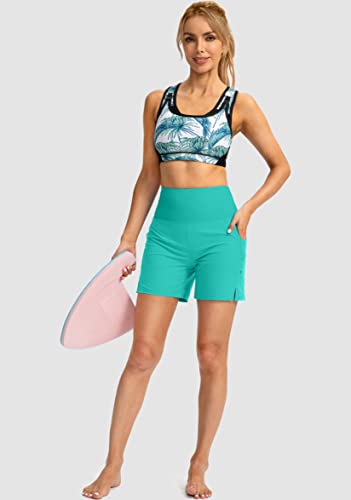 Women's 5" High Waisted Swim Board Shorts with Phone Pockets