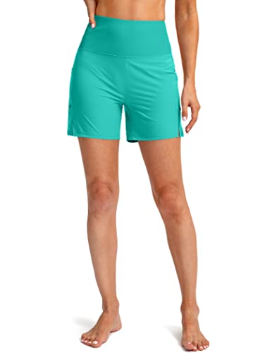 Women's 5" High Waisted Swim Board Shorts with Phone Pockets