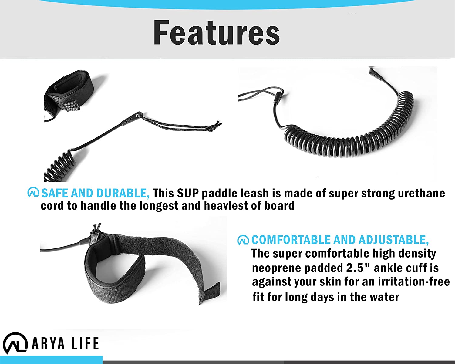 Arya Life 10ft Coiled SUP Leash Stand Up Paddleboard