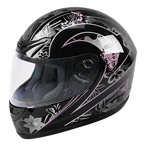 XFMT Adult Motorcycle Flip Up Full Face Helmet (Black Pink Butterfly, Large)