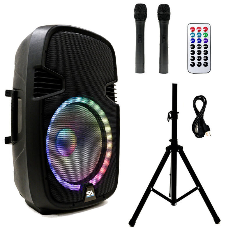 15" DJ Karaoke Speaker Set with Bluetooth, LED & 2 Wireless Mics
