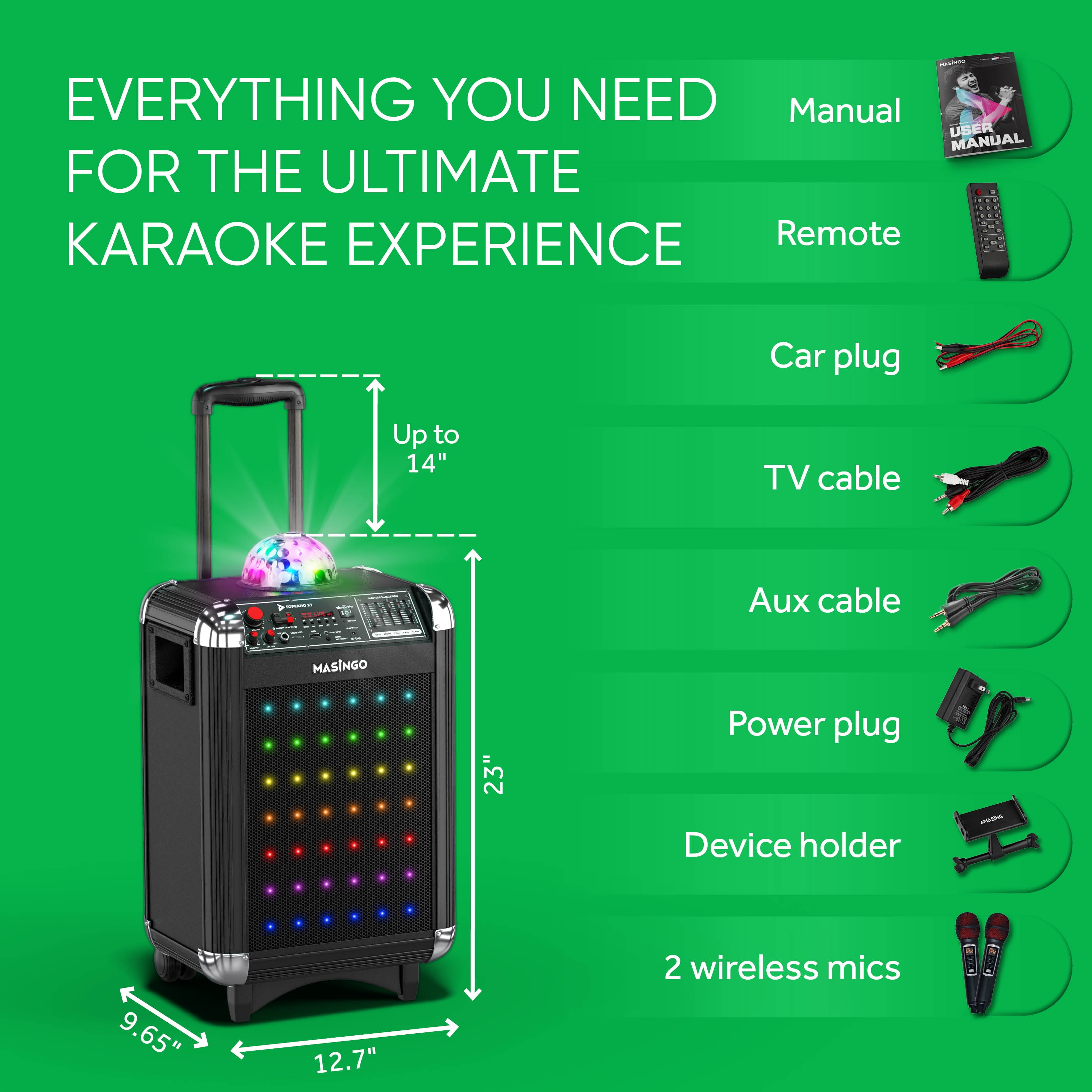MASINGO Karaoke Machine with UHF Wireless Microphones - Portable Singing System