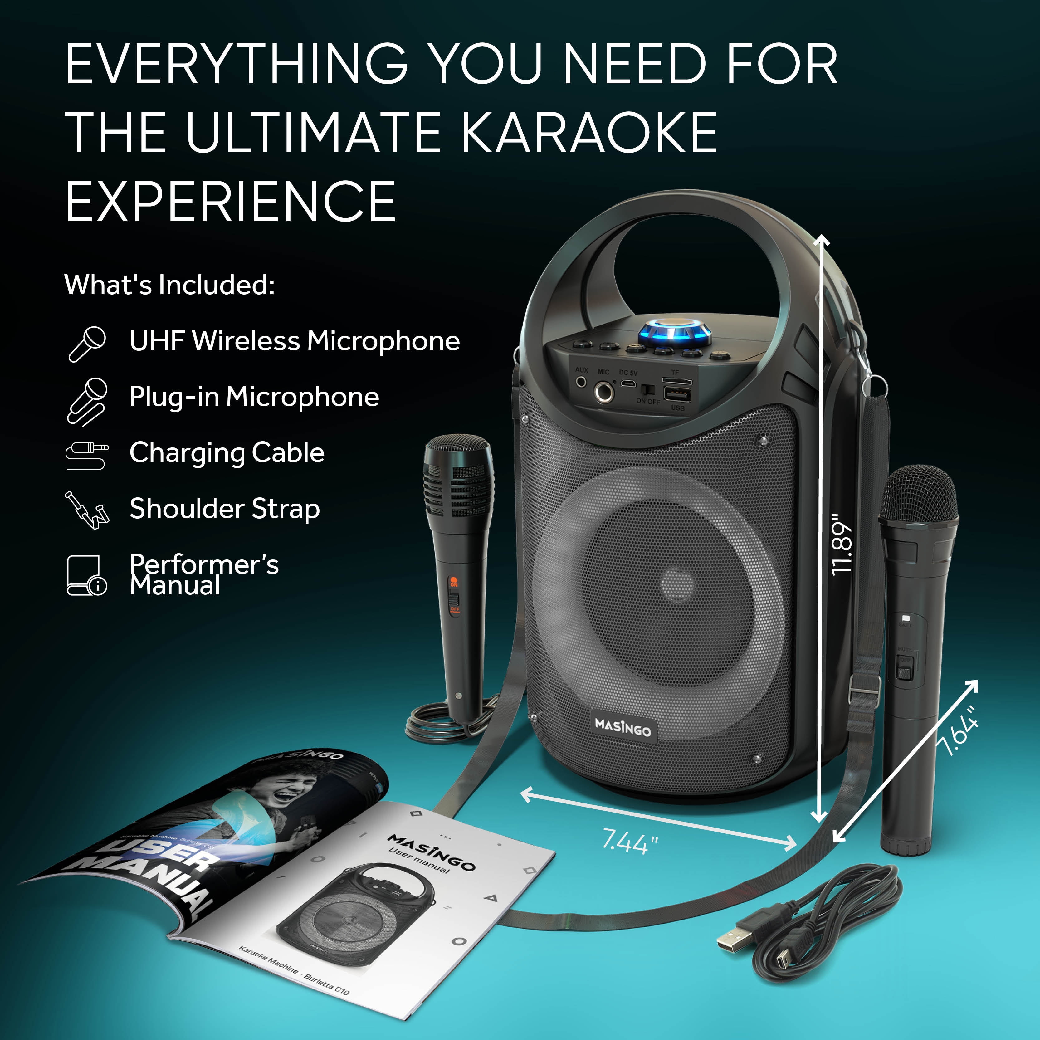 MASINGO 2023 Bluetooth Karaoke Machine - Wireless Mic, LED Lights