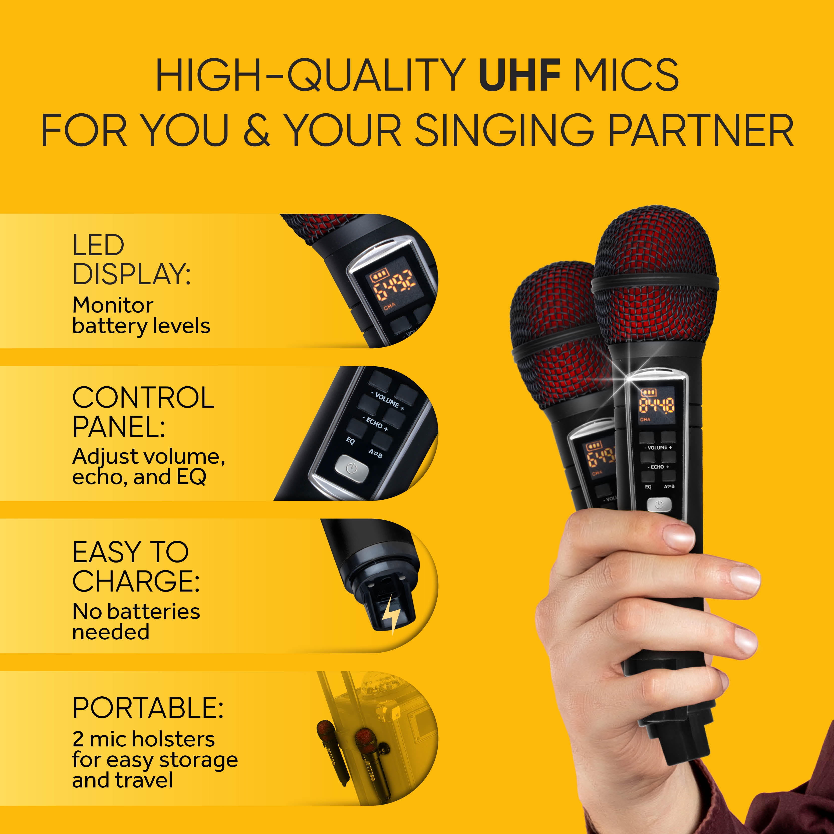 MASINGO Karaoke Machine with UHF Wireless Microphones - Portable Singing System