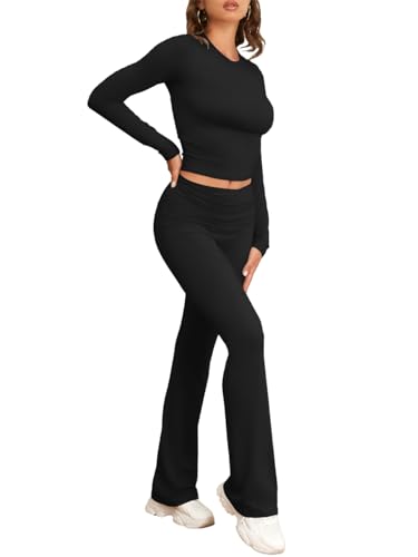 Famulily Women's Black Crop Top and Flare Pants Yoga Set
