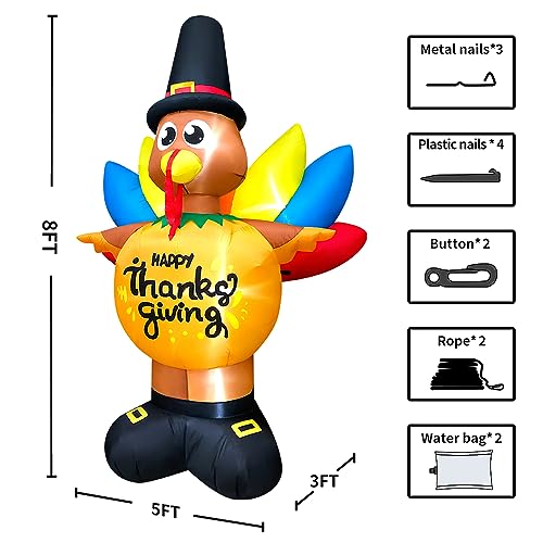 Thanksgiving Inflatable Turkey with LED Lights - 8FT