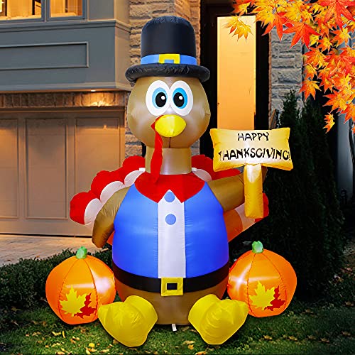 Joyful 6ft Thanksgiving Inflatable Turkey, with Pilgrim Hat