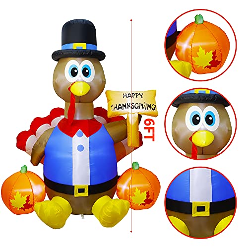 Joyful 6ft Thanksgiving Inflatable Turkey, with Pilgrim Hat