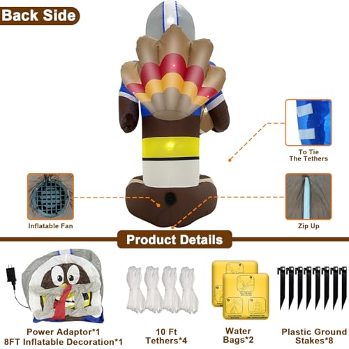 8ft Football Turkey Inflatables with LED Lights, Stakes