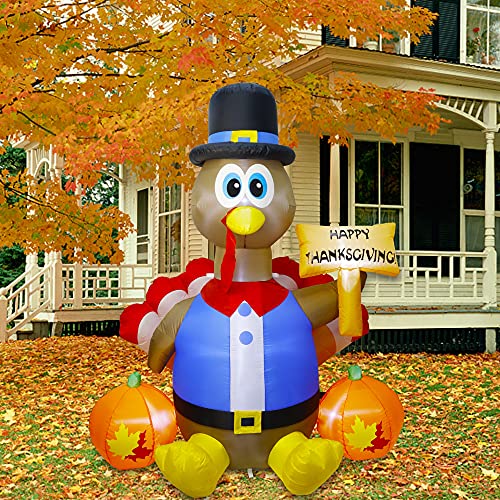 Joyful 6ft Thanksgiving Inflatable Turkey, with Pilgrim Hat