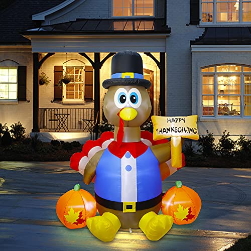 Joyful 6ft Thanksgiving Inflatable Turkey, with Pilgrim Hat