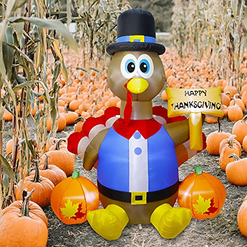Joyful 6ft Thanksgiving Inflatable Turkey, with Pilgrim Hat