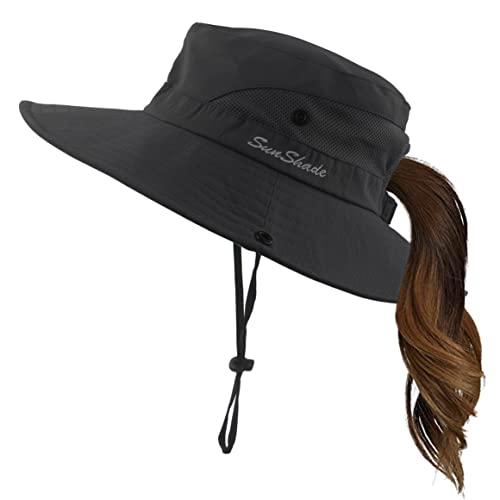 Mukeyo Womens Summer Sun Hat Wide Brim Outdoor UV Protection Hat Foldable Ponytail Bucket Cap for Beach Fishing Hiking Black