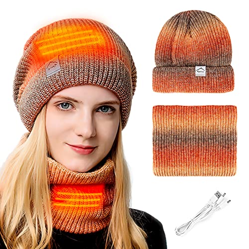 USB Heated Hat and Scarf Set, Knit Beanie Hat Neck Warmer for Men Women Soft Lined Knitted Hat Winter Warm Cap Ski Beanies (Orange)