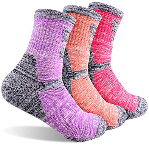 Hiking Socks Walking Socks For Women, FEIDEER 3 Pairs Outdoor Recreation Socks Moisture Wicking Crew Socks (Purple/Red/Pink)