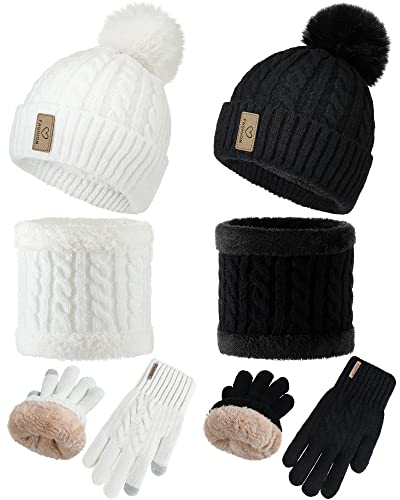 6 Pcs Women Winter Beanie Hat Scarf Touchscreen Gloves Set Knitted Fleece Pom Beanie Hat Neck Warmer Touchscreen Warm Glove for Cold Winter Women, Black and White