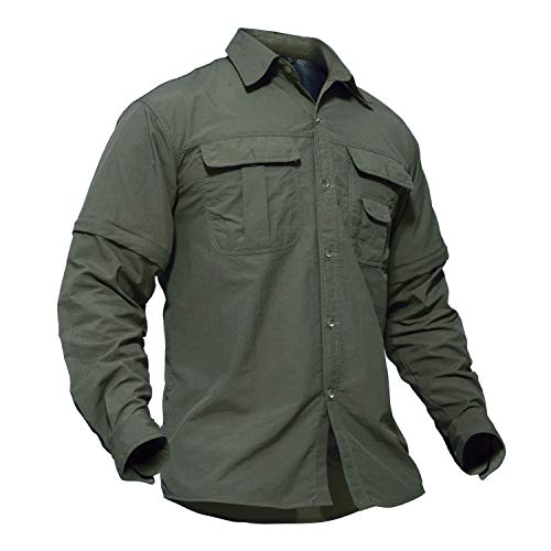 TACVASEN Men's Quick Dry UV Protection Zipper Convertible Long Sleeve Shirt,Green,Large